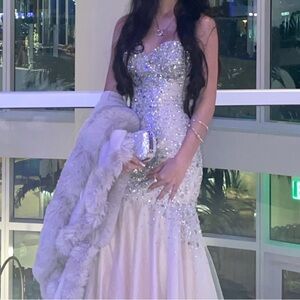 Terani Couture Silver and Cream Prom Dress